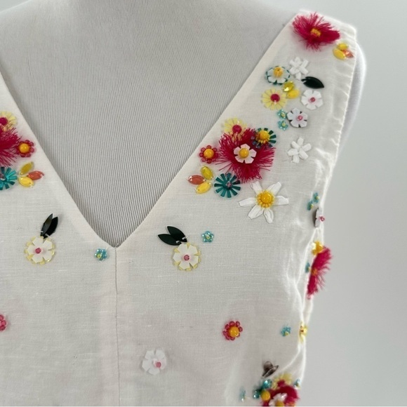 J crew womens top size 4P white 67% linen floral bedazzled embroidered peplum - Picture 6 of 15